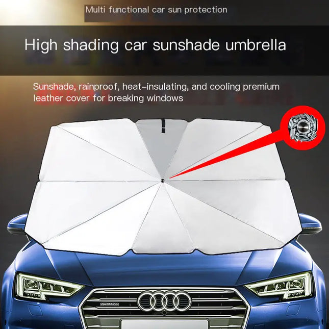 “Car Windshield Sunshade Umbrella – Folding UV Heat Shield with Leather Case”
