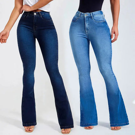 Women’s High-Waisted Slim Stretch Flare Jeans – Deep Blue & Light Blue
