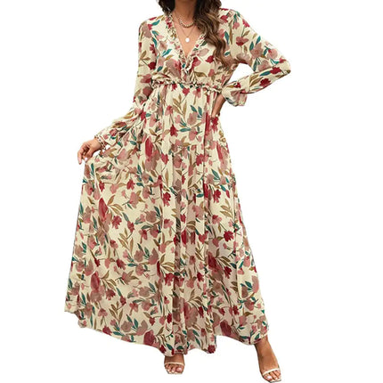 Women’s V-neck Loose Printed Long Sleeve Dress – Floral & Ruffle Design