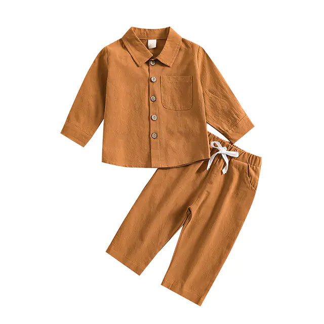 Boys' Cotton Linen Standing Collar 2-Piece Outfit – Casual Long Sleeve Shirt & Pants Set