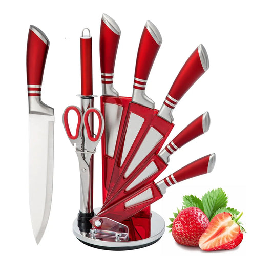 9-Piece Red Kitchen Knife Set with Acrylic Block – Non-Stick High Carbon Stainless Steel Chef Knives + Sharpener & Scissors