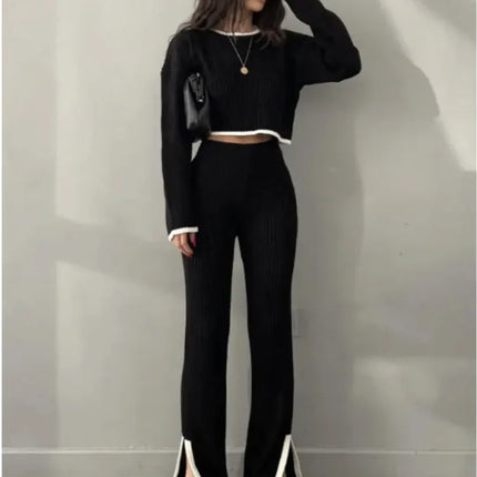 Women’s Color Block Knitted Two-Piece Set – Top & Trousers