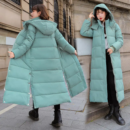 Women’s Long Knee-Length Hooded Down Cotton Coat – Thick Winter Warm Slim Fit Jacket
