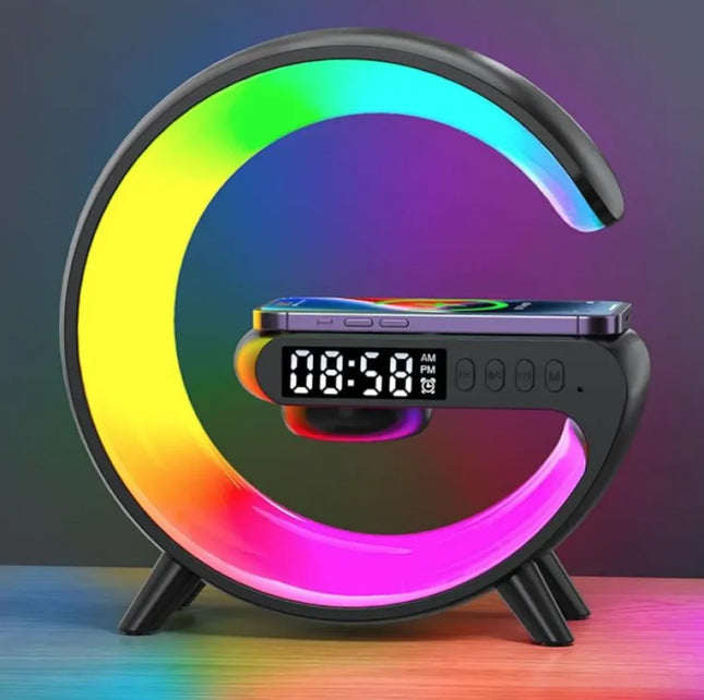 G-shaped multifunctional smart LED lamp with Bluetooth speaker, wireless charger, and ambient light on modern desk
