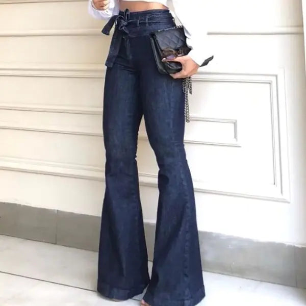 Women’s High Waist Hip Lift Lace-Up Flare Wide Leg Jeans – Blue & Black