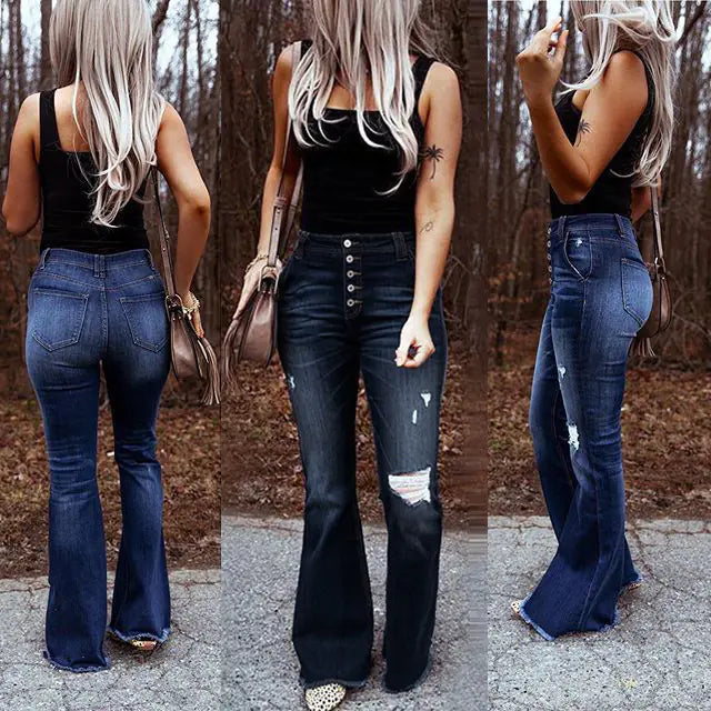 High Waist Ripped Flare Jeans – Dark Blue Denim