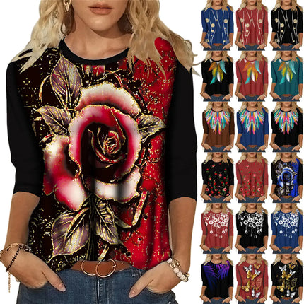 "Women's printed crew neck long sleeve T-shirt in cotton blend"