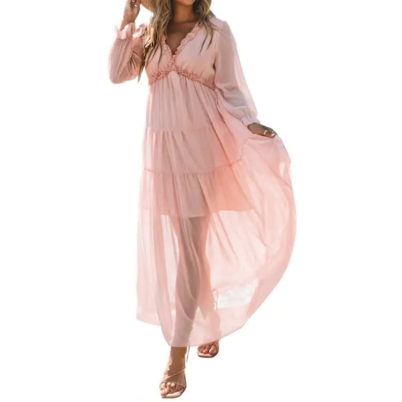 Women’s V-neck Loose Printed Long Sleeve Dress – Floral & Ruffle Design