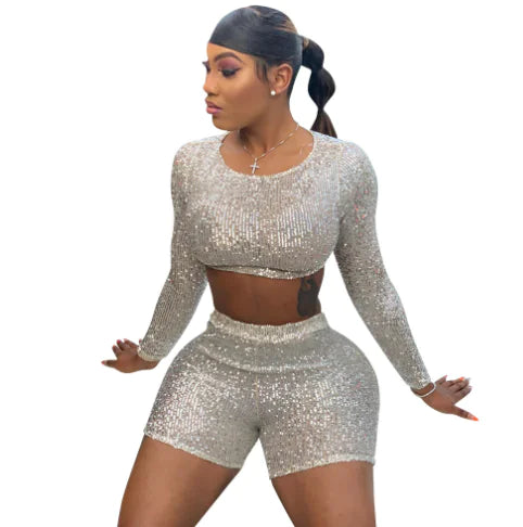 Women’s Sequined Two-Piece Long Sleeve Shorts Set – Glam Party Outfit in Apricot