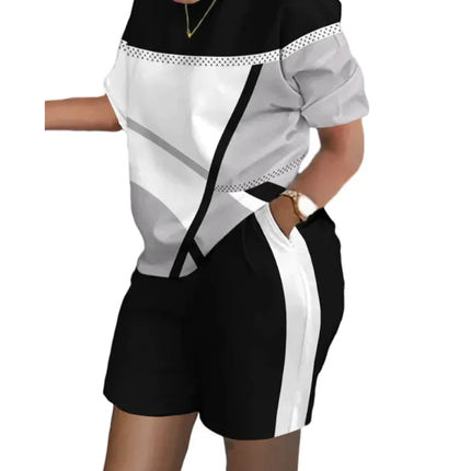 Women’s Printed Two-Piece Commuter Set – Short-Sleeve Top & Matching Shorts