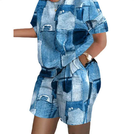 Women’s Printed Two-Piece Commuter Set – Short-Sleeve Top & Matching Shorts