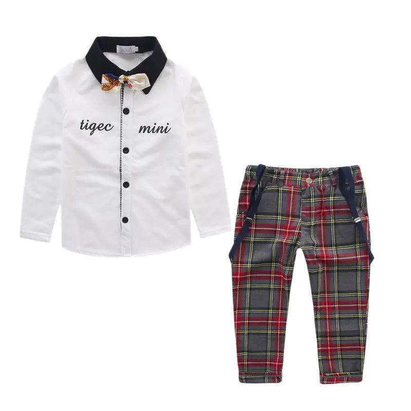 Boys’ Formal Outfit with Cotton Shirt & Suspender Pants – British Style Bow Tie Set