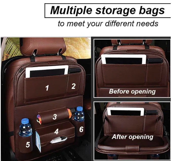 Car Seat Organizer with Foldable Table – PU Leather Backseat Storage & Tray