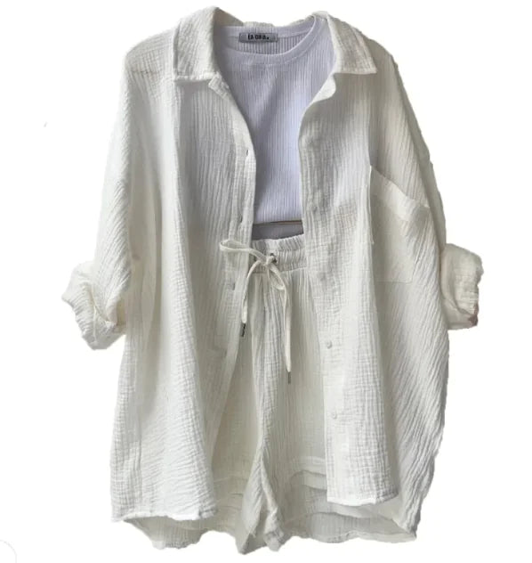 Women’s Long Sleeve Commuter Two-Piece Set – Lapel Shirt & High-Waist Shorts