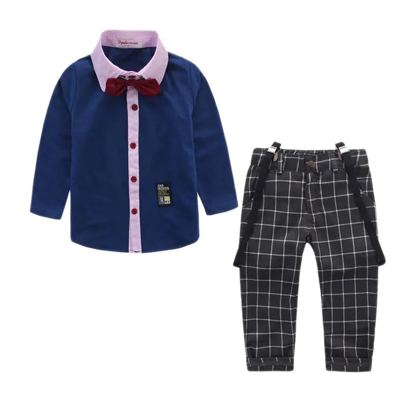 Boys’ Formal Outfit with Cotton Shirt & Suspender Pants – British Style Bow Tie Set