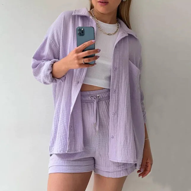 Women’s Long Sleeve Commuter Two-Piece Set – Lapel Shirt & High-Waist Shorts