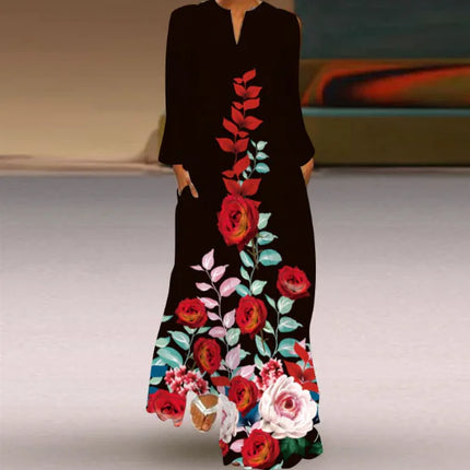 Women’s V-neck Long Sleeve Printed Loose Dress with Pockets