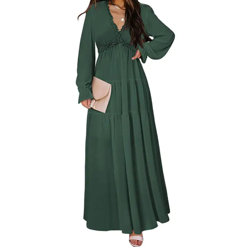 Women’s V-neck Loose Printed Long Sleeve Dress – Floral & Ruffle Design