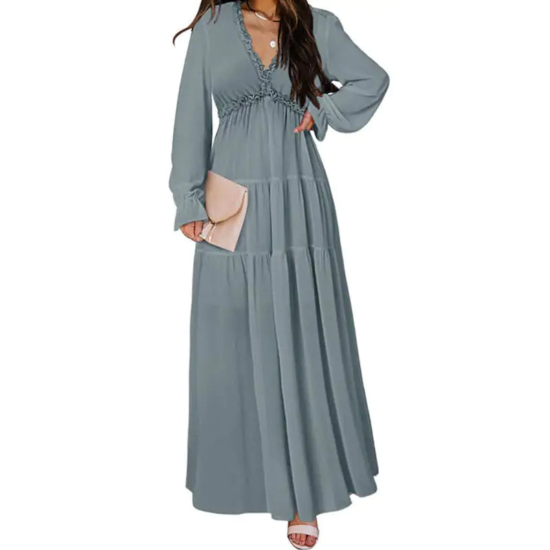 Women’s V-neck Loose Printed Long Sleeve Dress – Floral & Ruffle Design