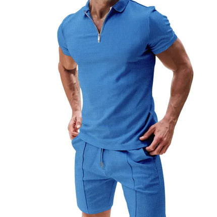 Men’s Waffle Knit Polo Shirt & Drawstring Shorts Set – Stylish Casual Summer Outfit
