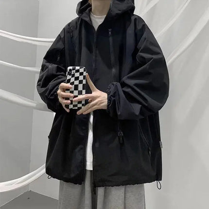 Deeptown Harajuku Black Windbreaker – Oversized Waterproof Streetwear Jacket
