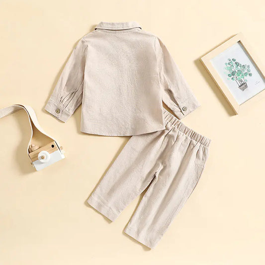 Boys' Cotton Linen Standing Collar 2-Piece Outfit – Casual Long Sleeve Shirt & Pants Set