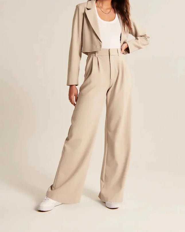 Women’s two-piece suit set with high-waisted wide-leg pants and belt