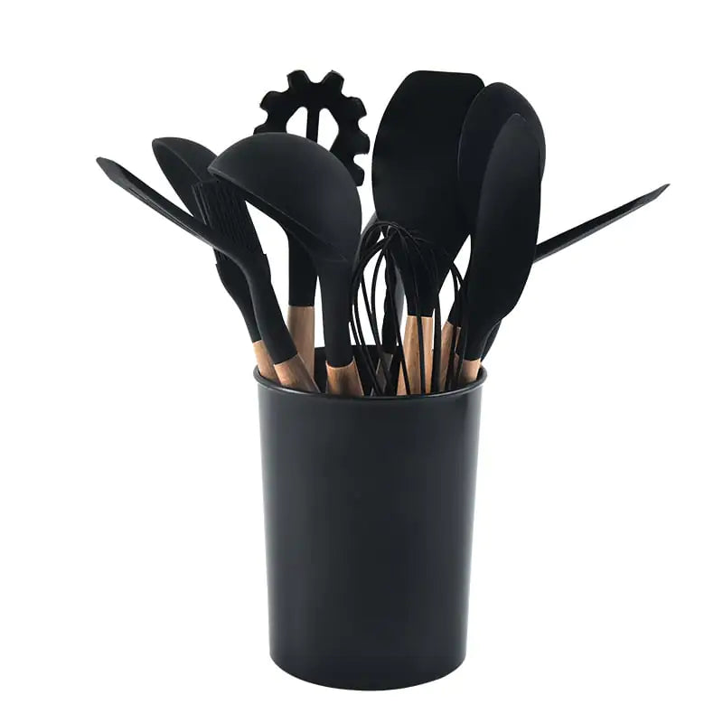 Ensemble d'ustensiles de cuisine antiadhésifs en silicone, 12 pièces, avec poignées en bois, résistants à la chaleur et lavables au lave-vaisselle