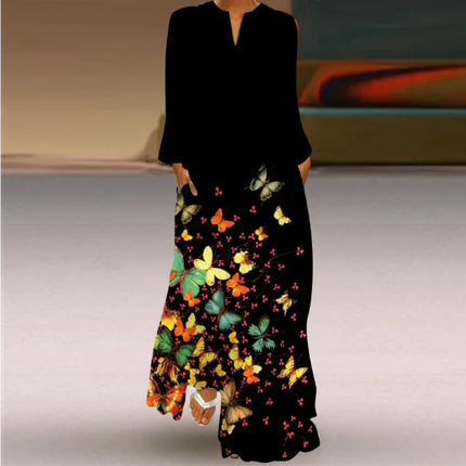 Women’s V-neck Long Sleeve Printed Loose Dress with Pockets