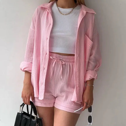 Women’s Long Sleeve Commuter – Lapel Shirt & High-Waist Shorts