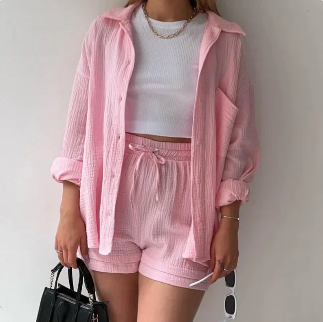Women’s Long Sleeve Commuter Two-Piece Set – Lapel Shirt & High-Waist Shorts