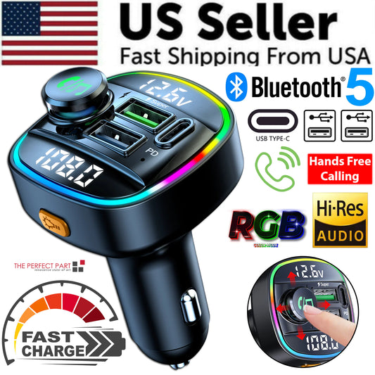 Bluetooth 5.0 Car Wireless FM Transmitter Adapter with USB PD Charger & Hands-Free