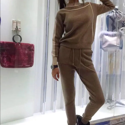 Women’s Color Block Knitwear Set – Long Sleeve Top & Straight Pants