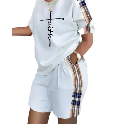 Women’s Printed Two-Piece Commuter Set – Short-Sleeve Top & Matching Shorts