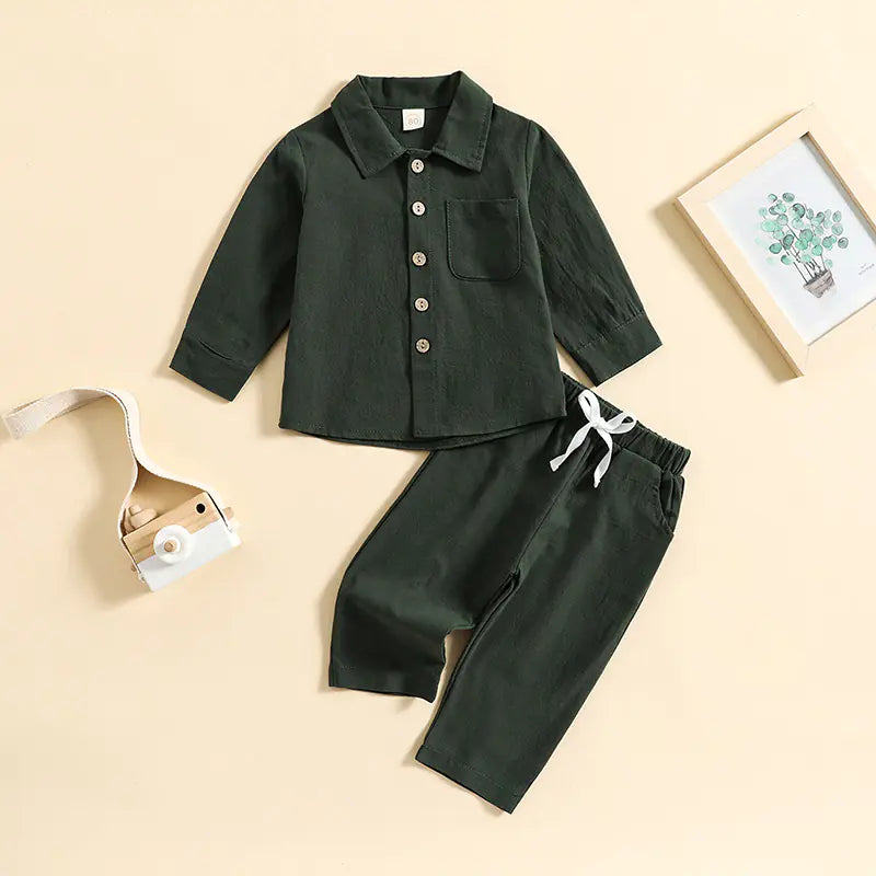 Boys' Cotton Linen Standing Collar 2-Piece Outfit – Casual Long Sleeve Shirt & Pants Set