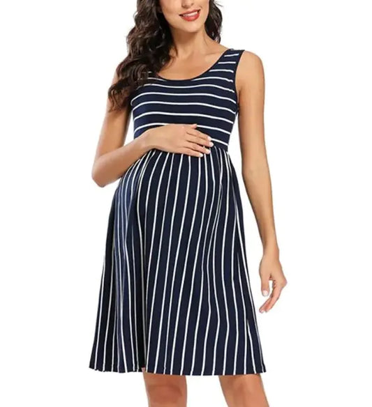 Elegant Striped Maternity Dress – Comfortable Empire Waist with Adjustable Tie