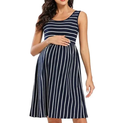 Elegant Striped Maternity Dress – Comfortable Empire Waist with Adjustable Tie