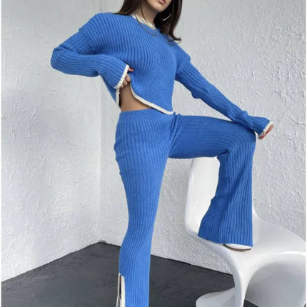 Women’s Color Block Knitted Two-Piece Set – Top & Trousers
