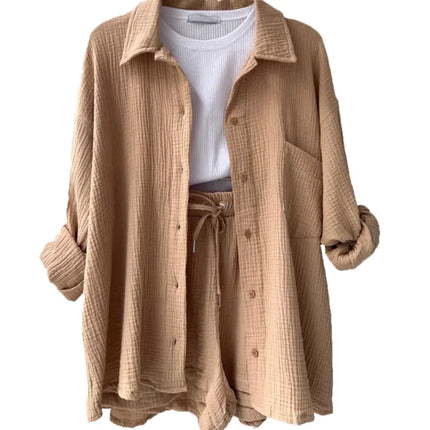 Women’s Long Sleeve Commuter – Lapel Shirt & High-Waist Shorts