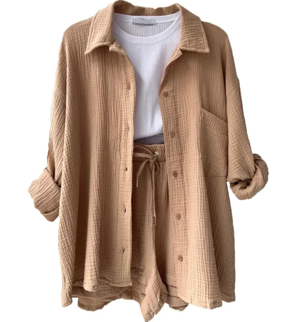 Women’s Long Sleeve Commuter Two-Piece Set – Lapel Shirt & High-Waist Shorts