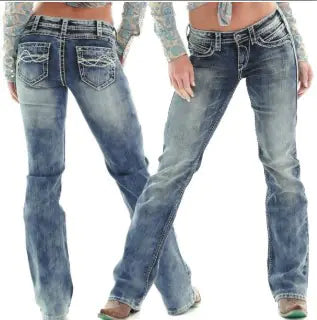 European & American Ladies Slim-Fit Jeans – Light Blue Distressed Denim