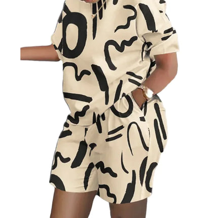 Women’s Printed Two-Piece Commuter Set – Short-Sleeve Top & Matching Shorts