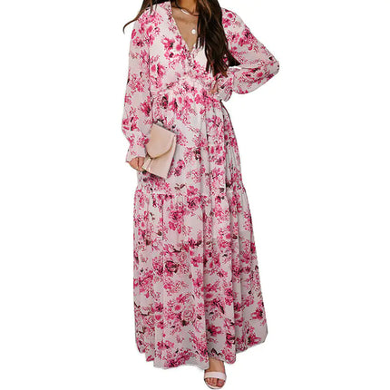 Women’s V-neck Loose Printed Long Sleeve Dress – Floral & Ruffle Design