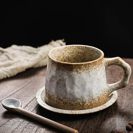 Japanese Vintage Stoneware Coffee Cup & Saucer Set – Handcrafted 300cc