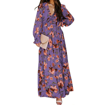 Women’s V-neck Loose Printed Long Sleeve Dress – Floral & Ruffle Design