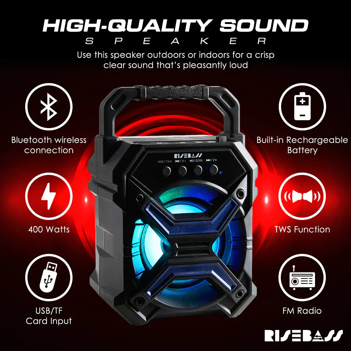 Portable Wireless Bluetooth Speaker with TWS & LED Lights – Rechargeable