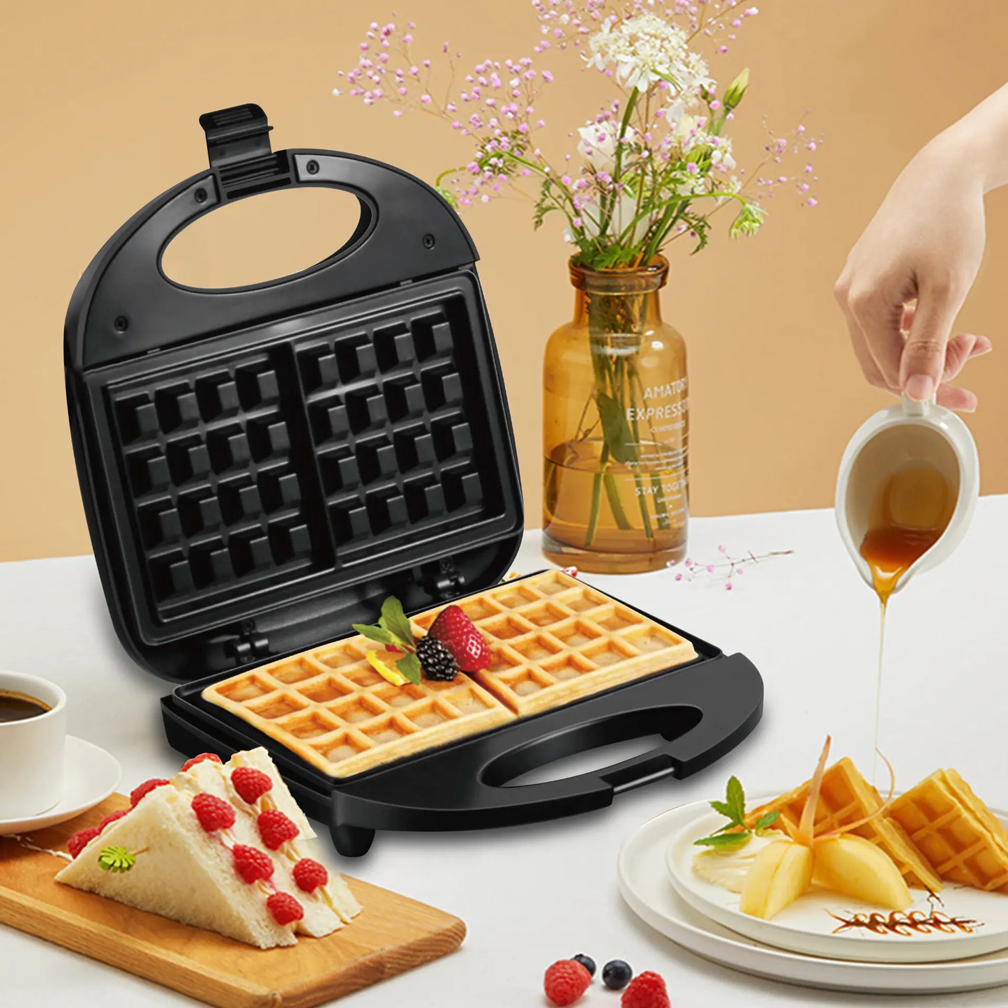 3-in-1 Waffle & Sandwich Maker – Compact Breakfast Machine (750W)