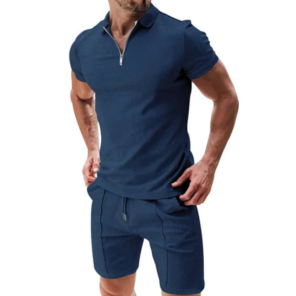 Men’s Waffle Knit Polo Shirt & Drawstring Shorts Set – Stylish Casual Summer Outfit