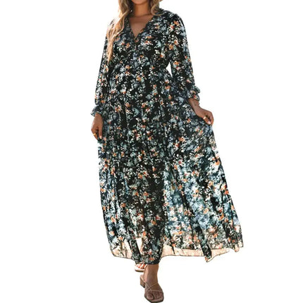 Women’s V-neck Loose Printed Long Sleeve Dress – Floral & Ruffle Design