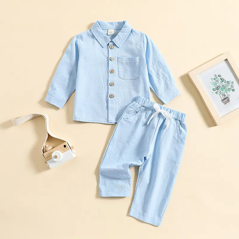 Boys' Cotton Linen Standing Collar 2-Piece Outfit – Casual Long Sleeve Shirt & Pants Set